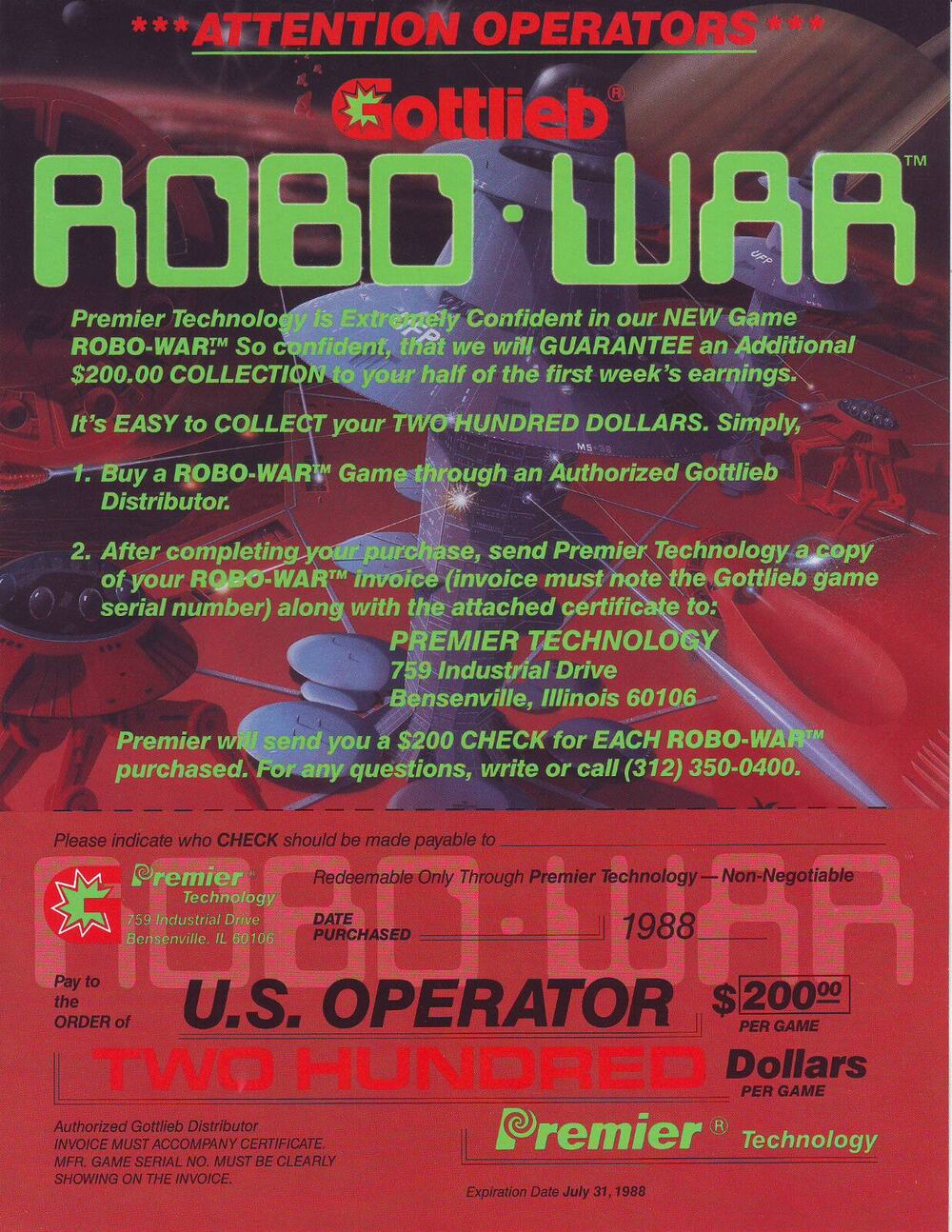Robo War Pinball FLYER Origina Game Rebate Promo Sheet 1988 Vintage RoboWar
